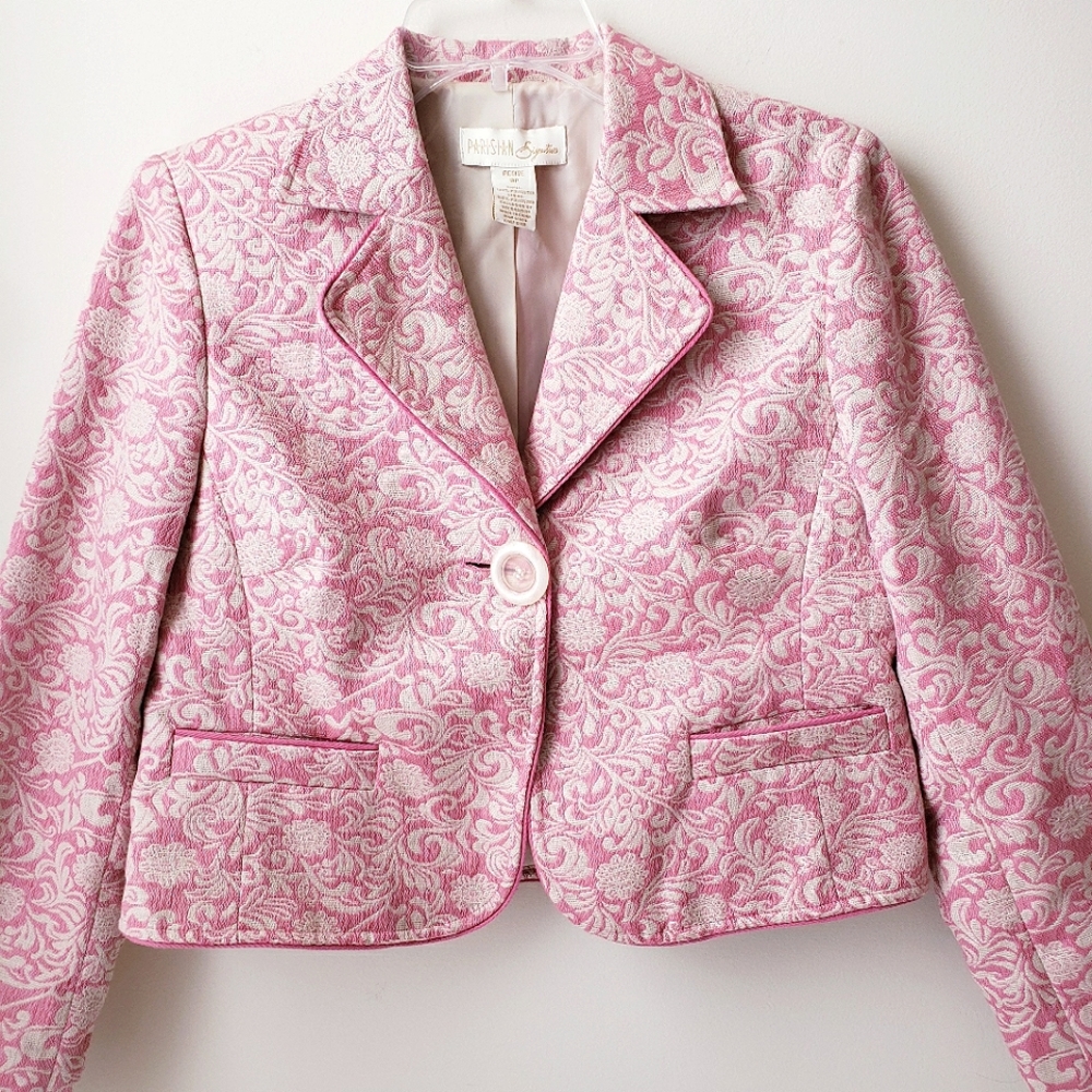 Vintage Parisian Signature Pink Floral Print Cropped Blazer
